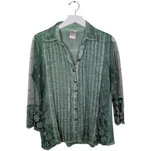 PARSLEY & SAGE Sheer Mesh Embroidered French Dot Floral Shirt - Small